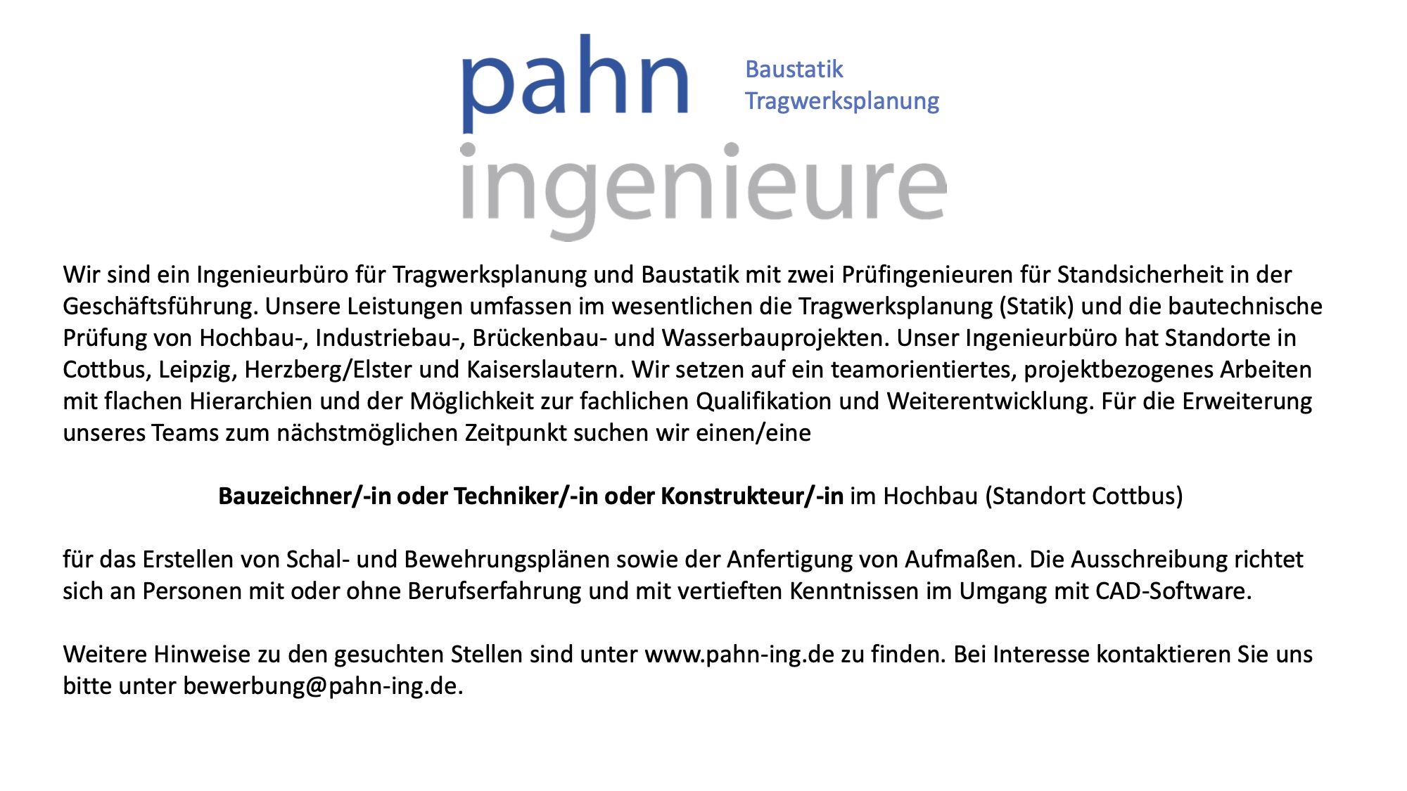 Bauzeichner(in) / Techniker(in) / Konstrukteur(in) - pahn Ingenieure